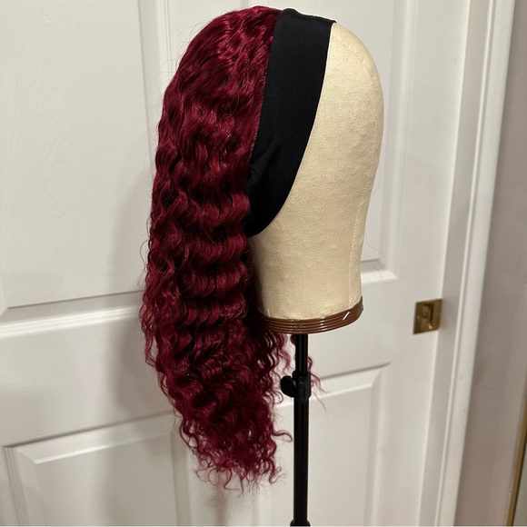 20” Burgundy 99J Deep Wave Headband wig 100% Human Hair 150% Density It#SD - Picture 6 of 12